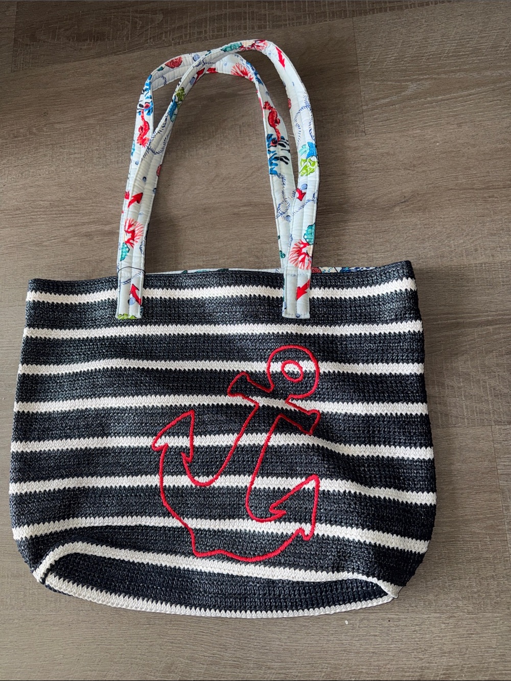 Vera Bradley Straw Beach Tote Bag Anchors Aweigh Navy Stripes NWT - Picture 4 of 13